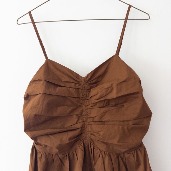 Endless Rose Shirred Blouson Romper in Camel Brown with Puffed Shorts Size S - Picture 7 of 10